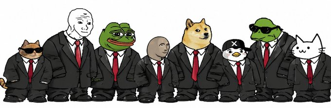 The meme crew, including a frog, dog, penguin and cat, all dressed in black suits and red ties